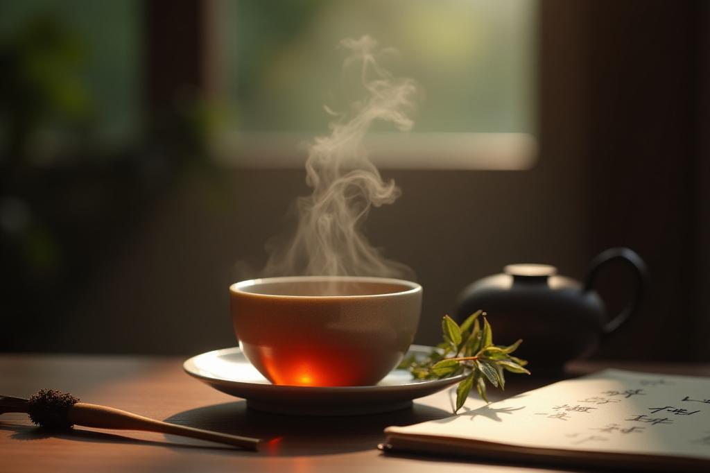 Egy csésze gőzölgő oolong tea egy íróasztalon, egy kalligrafikus ecsettel és egy jegyzetfüzettel, lágy, természetes fénnyel megvilágítva.