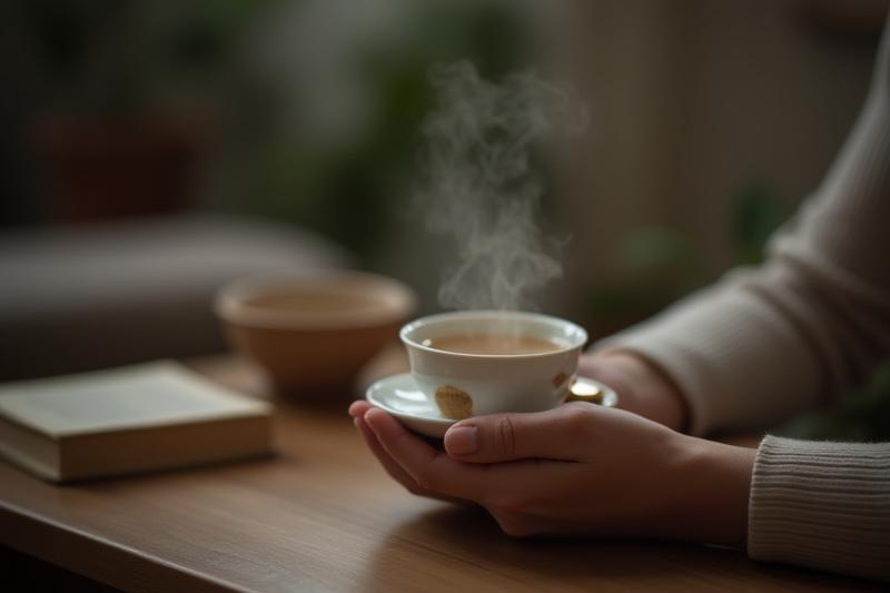 Egy személy, aki egy csésze finom teát tart, és mélyen beleszippant a gőzbe, hogy érezze az aromát, könyvvel és nyugodt környezetben.