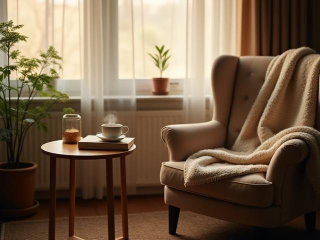 Hangulatos teasarok otthon, egy kényelmes fotellel, könyvvel és forró teával.