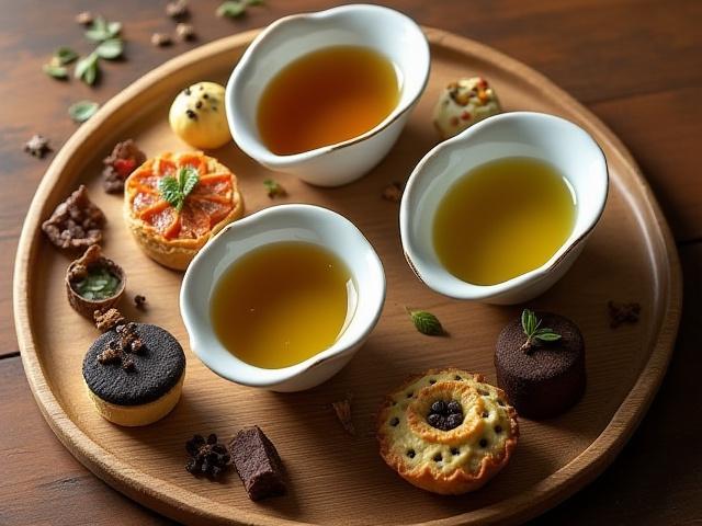 Különböző teák és apró sütemények, elegánsan elrendezve, párosítva.