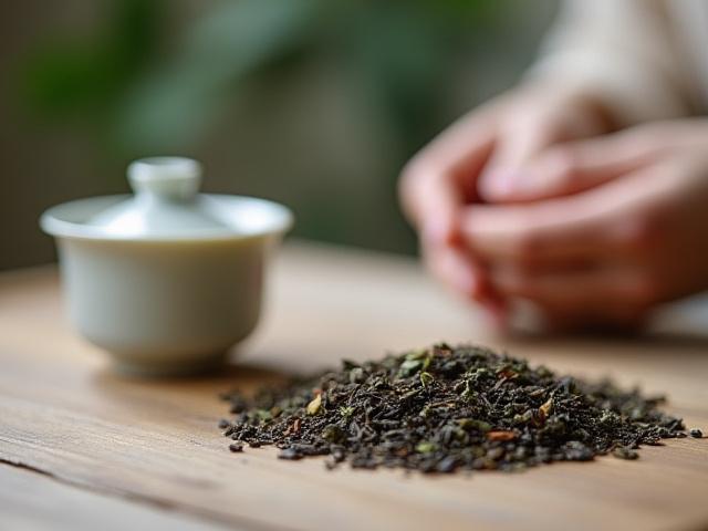 Kezdő útmutató teakóstoláshoz, teáskészlettel és tealevéllel.