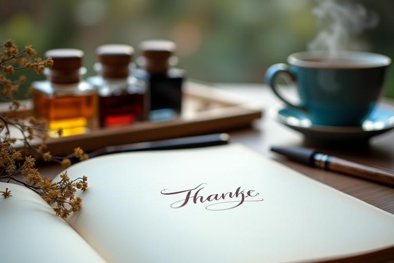 Elegáns íróasztal kalligráfiai eszközökkel, háttérben virágok és teáscsésze