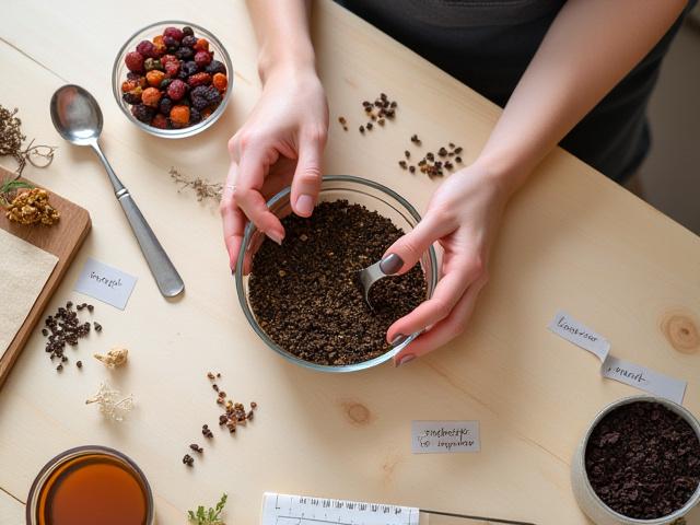 Tea keverő workshop asztala különféle teákkal és fűszerekkel