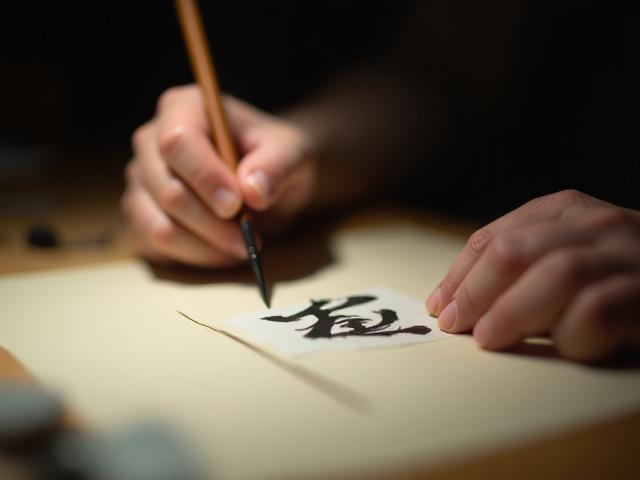 Egy kalligráfus ecsettel dolgozik egy tea műhelyen