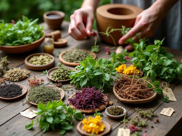 Gyógyteák és növények asztalánál, jegyzetekkel és tálkákkal