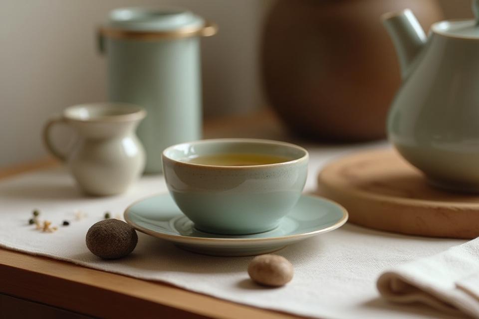 Finom teáscsészék és kiegészítők egy elegánsan berendezett asztalon, mely egy teasarok részét képezi.
