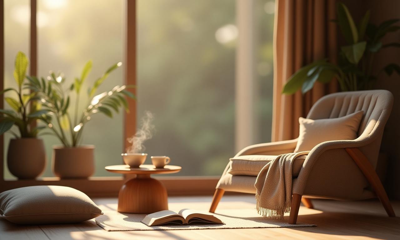 Egy békés teasarok, ahol egy csésze gőzölgő tea, egy nyitott könyv és kényelmes párnák találhatók, természetes fénnyel megvilágítva.